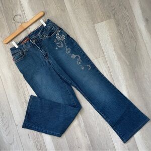 Vintage Flare Jeans rhinestone paisley mid-rise denim womens Blue (size 6) y2k